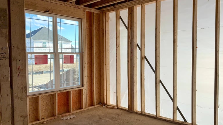 Residential construction with exposed wood framing